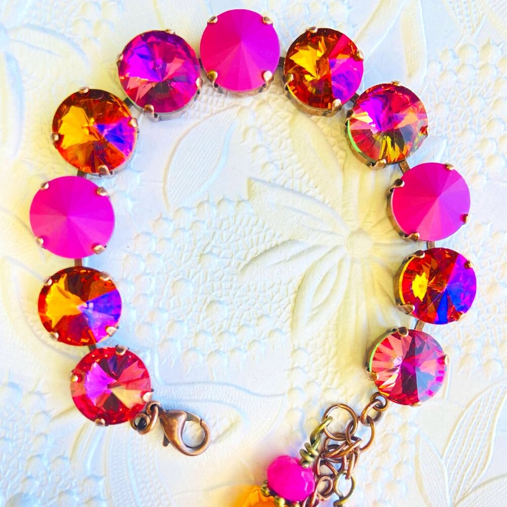 Fuchsia Pink Dark Pink Magenta Rivoli Austrian Crystal Bracelet Bridesmaid Wedd